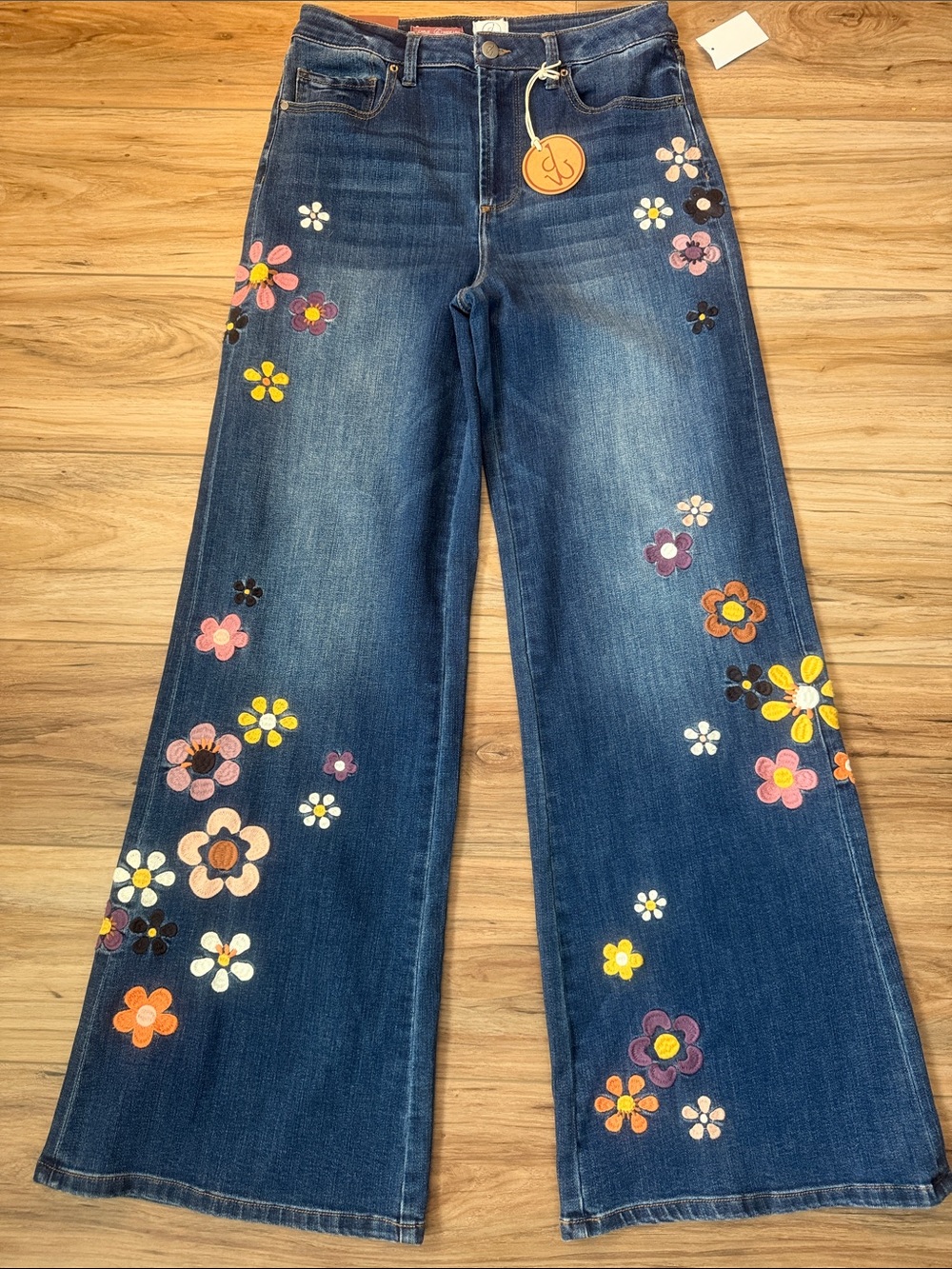 DRIFTWOOD Navy Floral Wide-Leg Flare Jeans - Picture 2 of 8